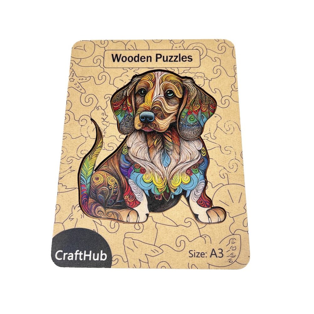 CraftHub Dachsund Sausage Dog Boho Wooden Jigsaw Puzzle w/Wooden Box Sz‎ A3 (L) - Picture 2 of 6